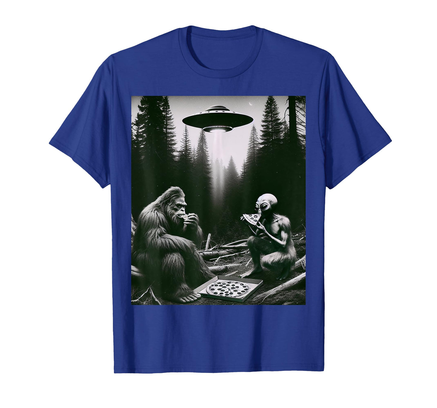 Funny Bigfoot With Alien Eating Pizza. Bigfoot And Alien UFO T-Shirt