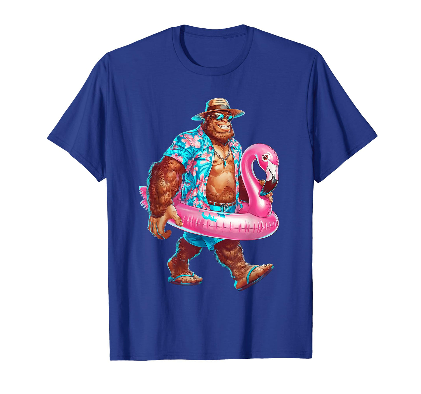 Hawaiian Bigfoot Sasquatch Pink Flamingo Pool Party Summer T-Shirt