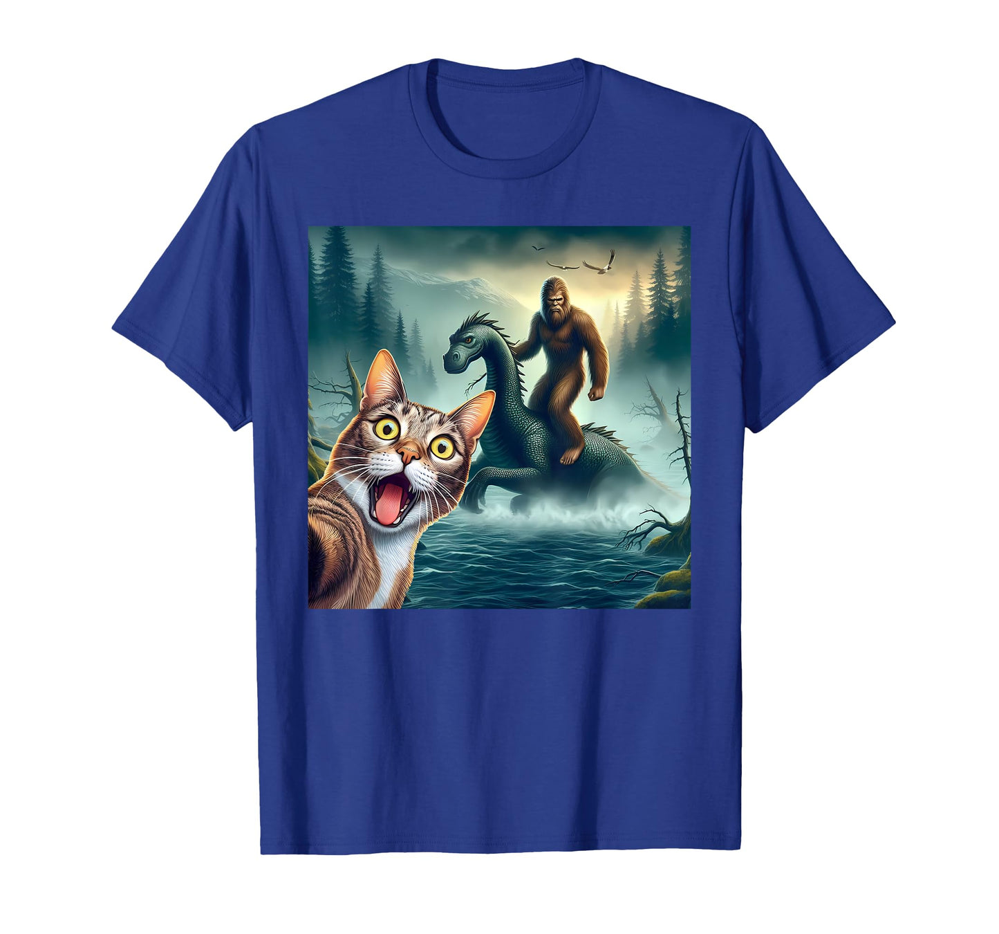 Cat Selfie bigfoot riding loch Ness monster surprised cat T-Shirt for Men Women Kids