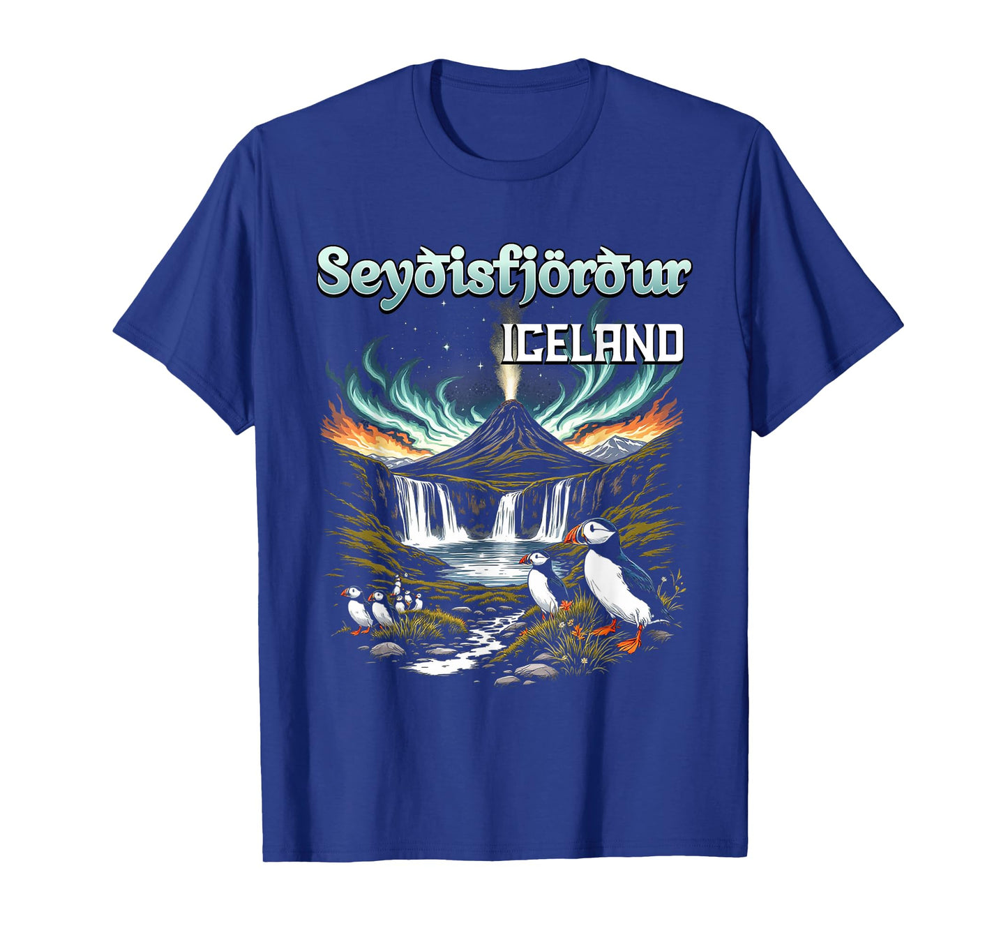 Seyðisfjörður Iceland Souvenir Icelandic Volcano Puffins T-Shirt