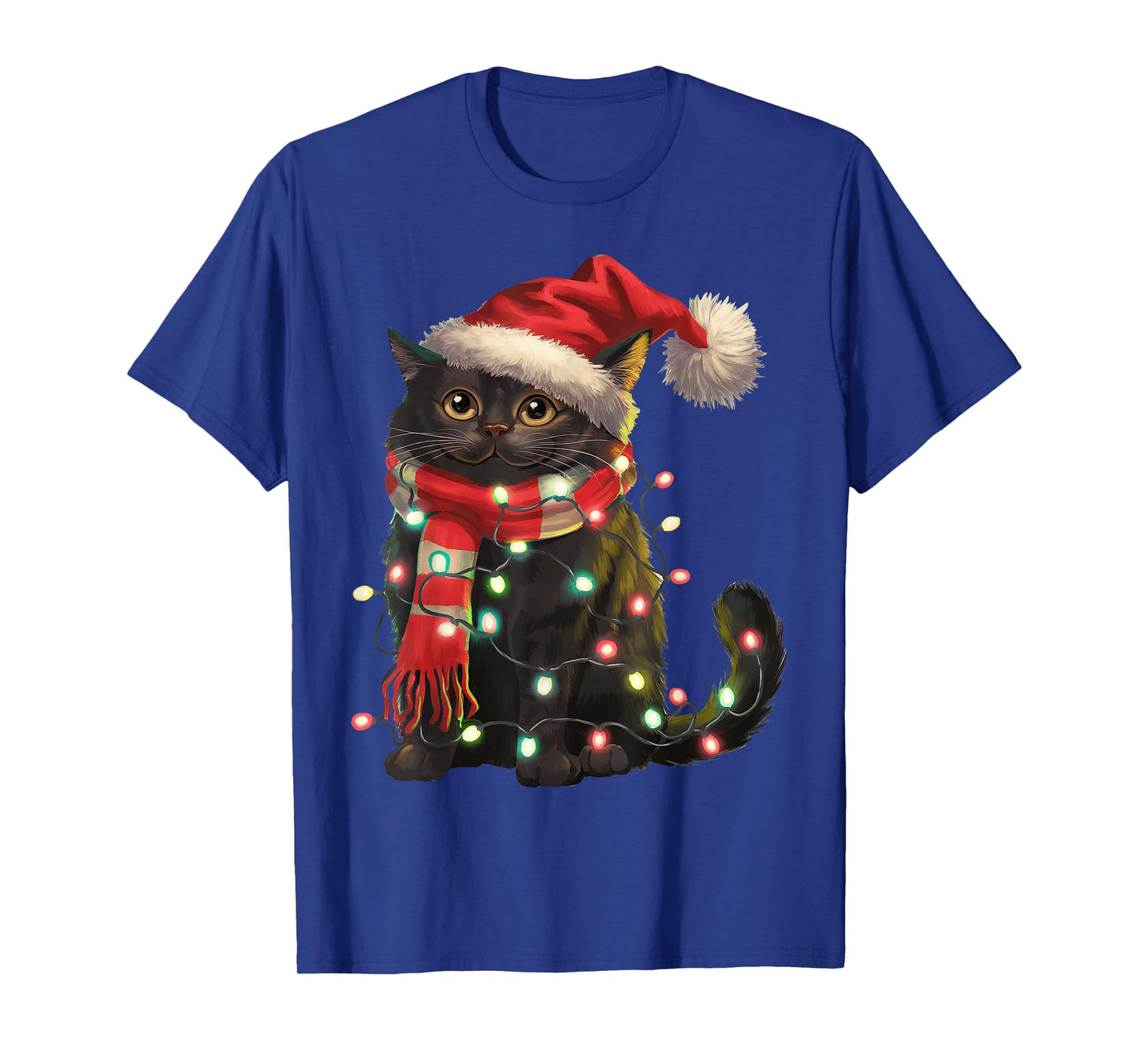 Black Cat Christmas Lights Santa Hat Christmas Cat Lover T-Shirt for Men Women Kids