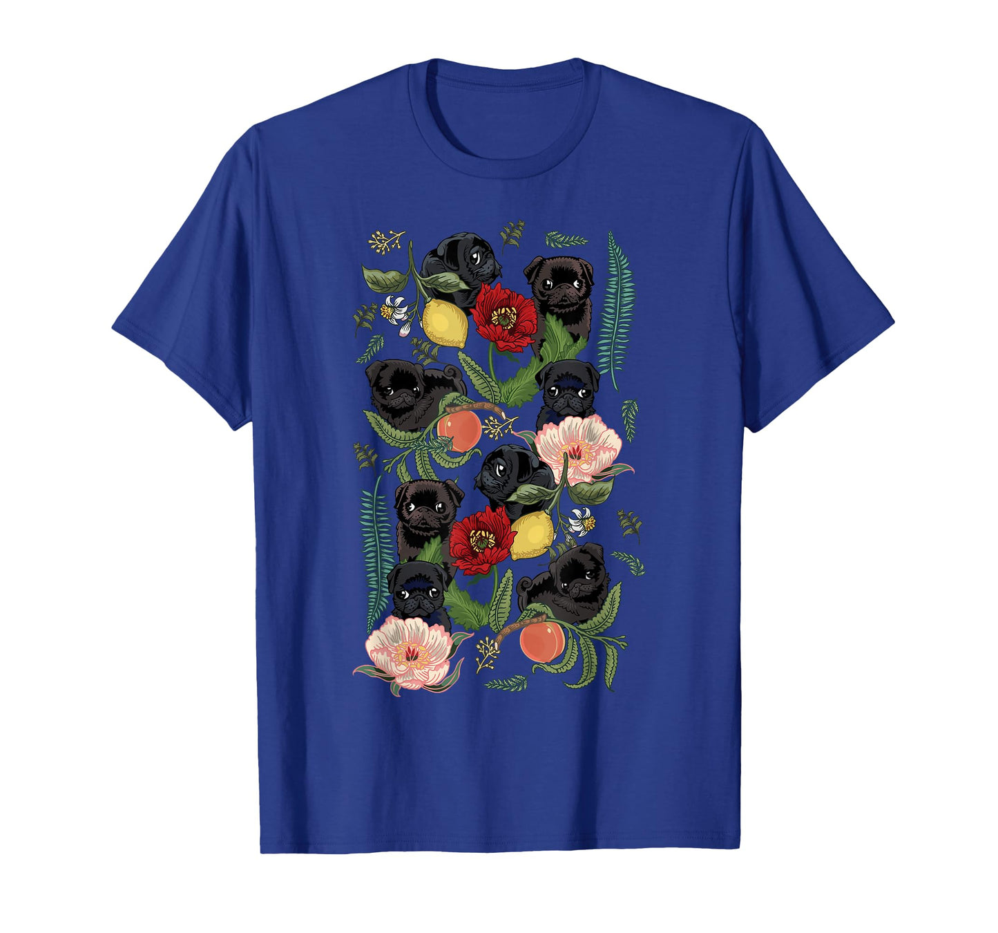 Botanical and Black Pug T- shirt by Huebucket T-Shirt
