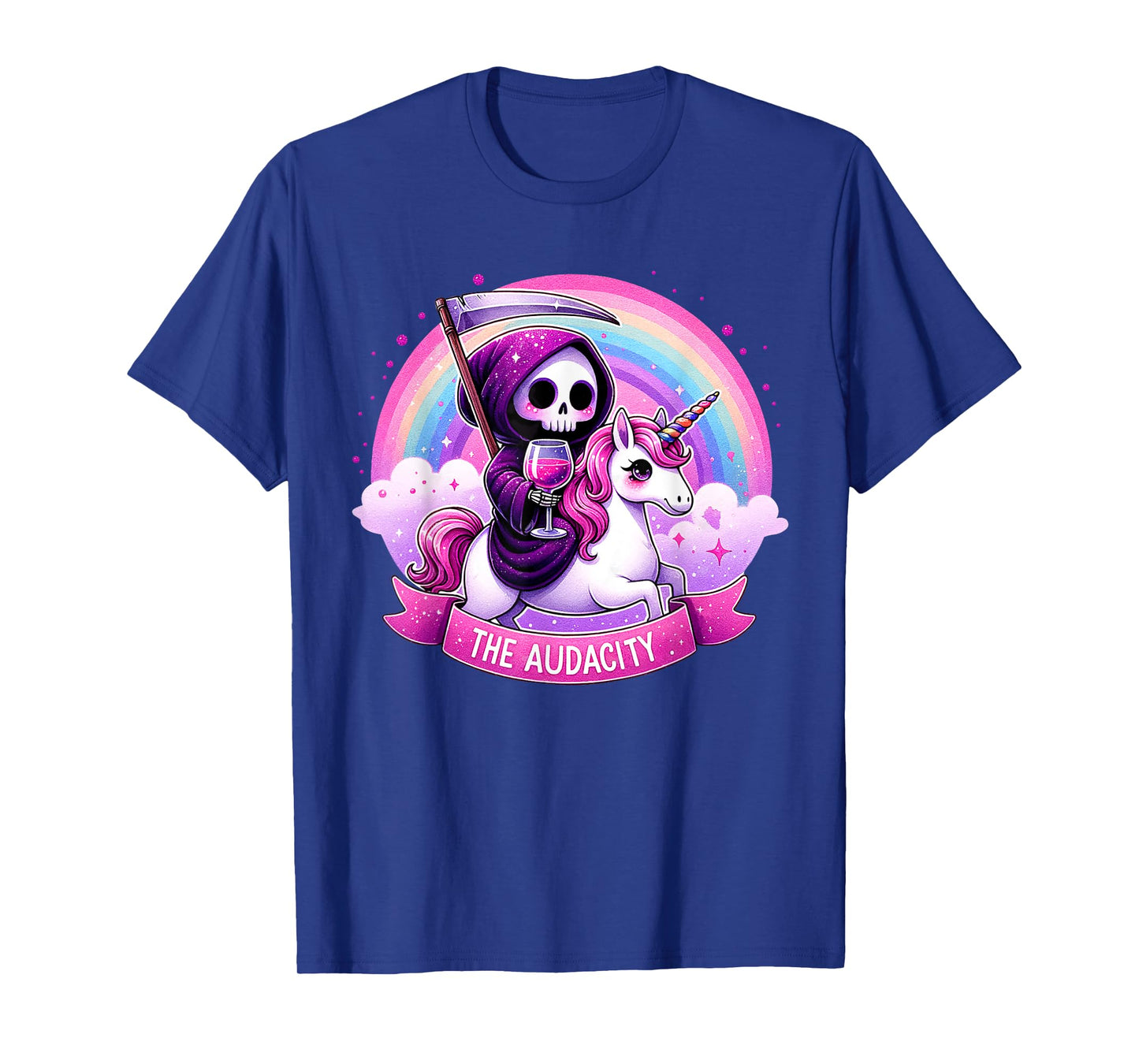 The Audacity Skeleton Riding Unicorn Rainbow Halloween Women T-Shirt