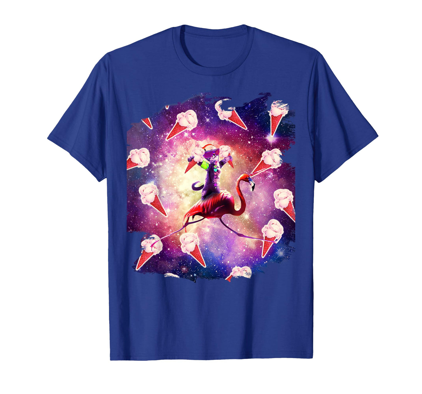 Rave Space Cat On Flamingo Unicorn - Ice Cream T-Shirt for Men Women Kids