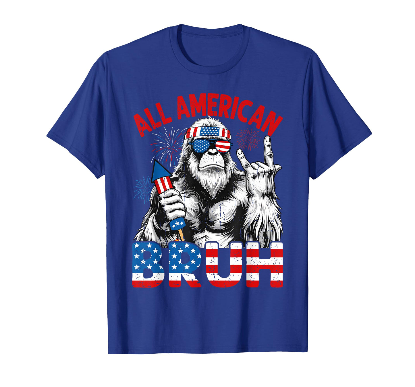 Bruh Bigfoot Merica Rock American Flag Patriotic 4th Of July T-Shirt