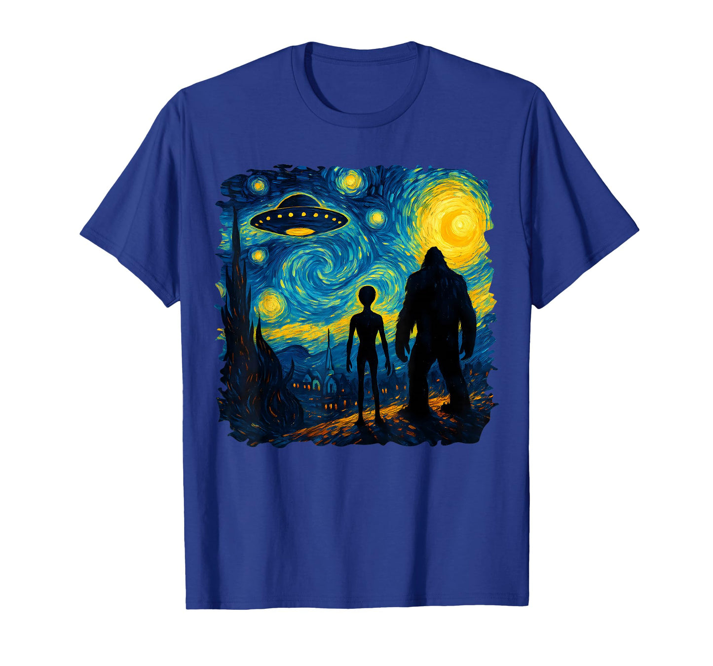 Bigfoot Alien UFO Van Gogh Starry Night Sasquatch Graphic T-Shirt