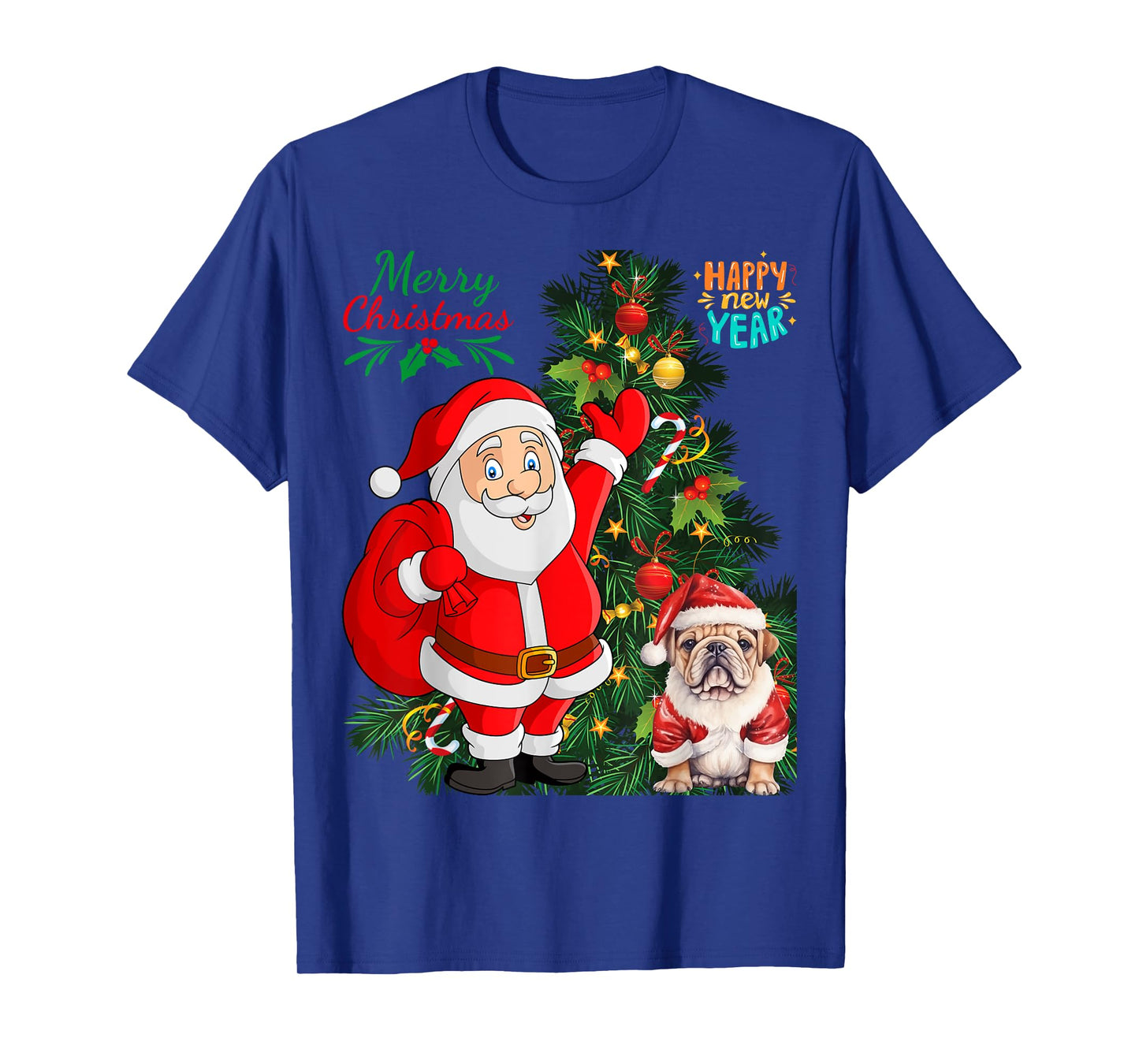 Merry Christmas Happy New Year Santa Claus English Bulldog Men Women Kids T-Shirt