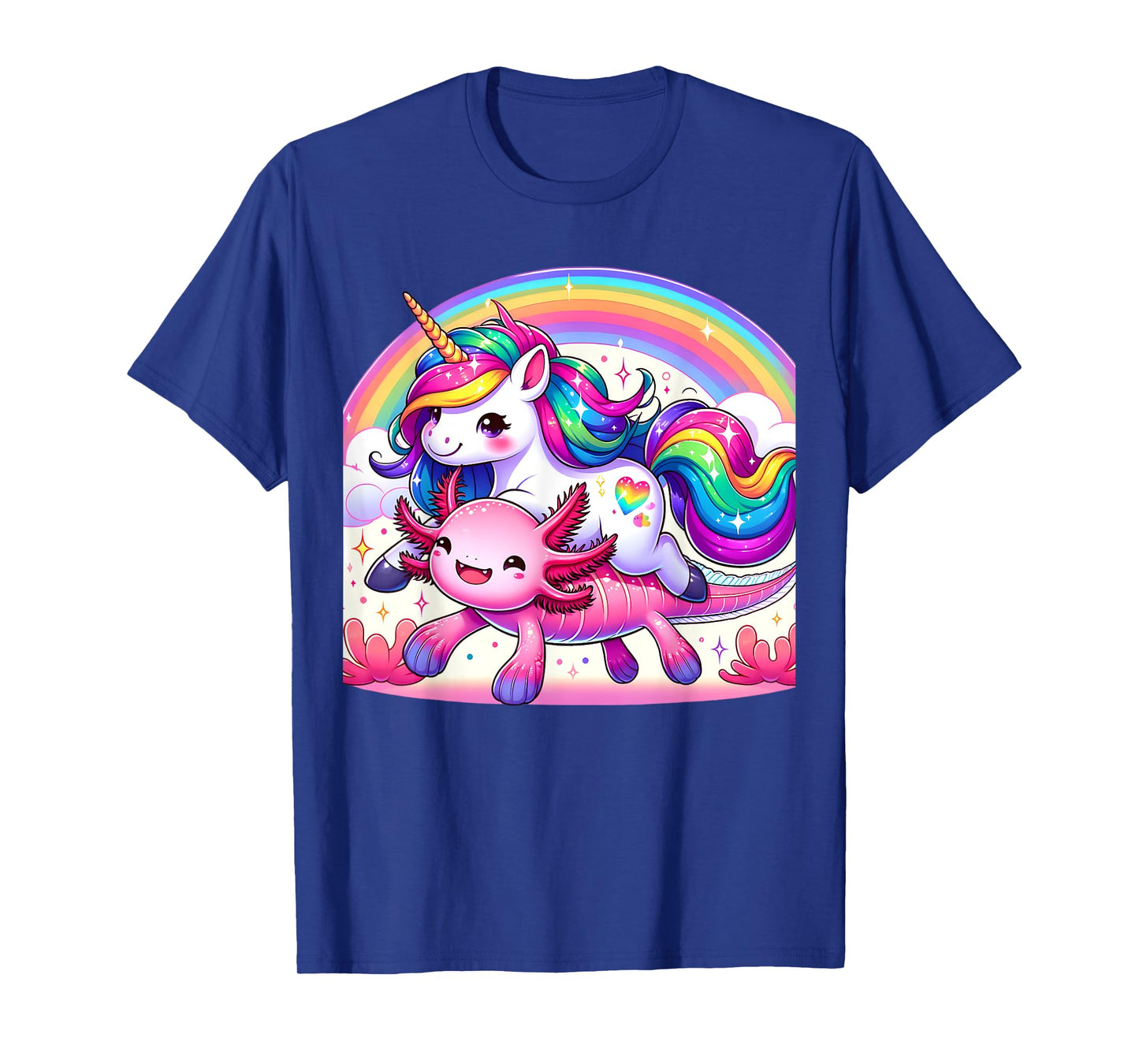 Unicorn Riding Axolotl Kawaii Kids Girls Boys Men Rainbow T-Shirt