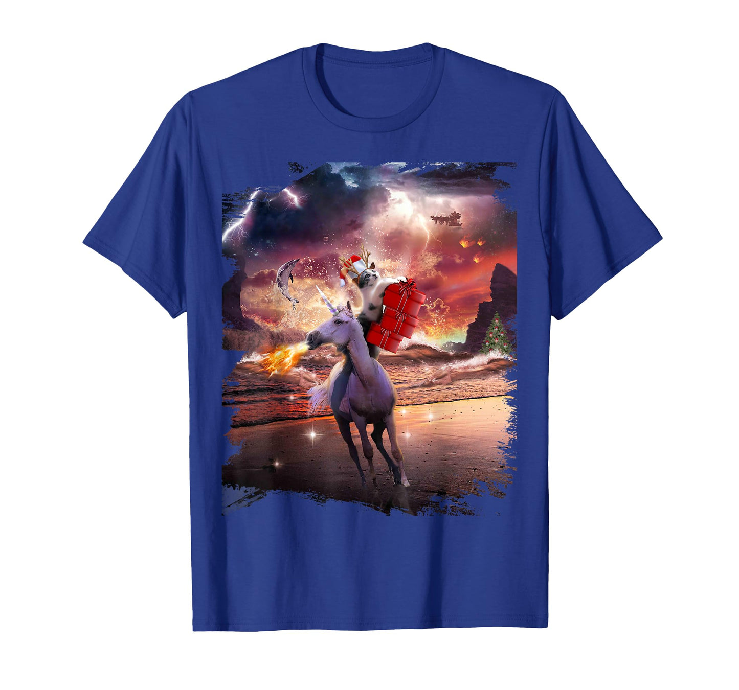 Christmas July, Cat Riding Unicorn, Beach T-Shirt for Men Women Kids