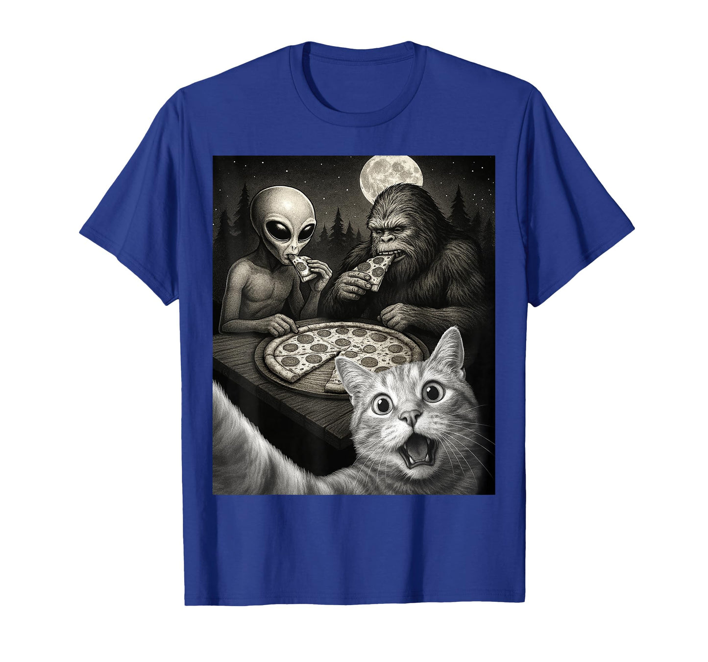 Funny Selfie of Cat With Bigfoot Eating Pizza With An Alien T-Shirt