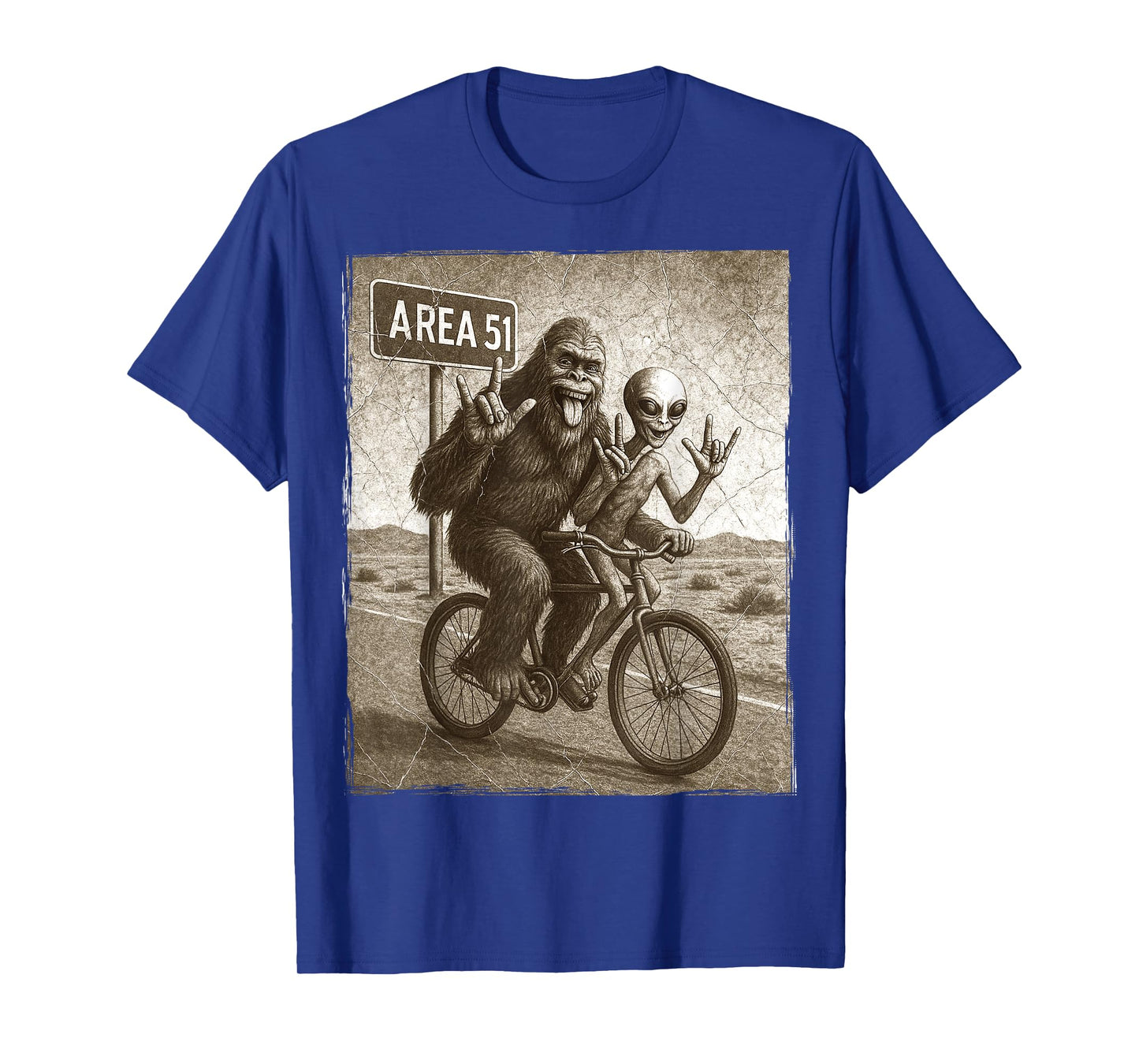 Bigfoot Alien UFO Bike Ride Rock On Area 51 Vintage Funny T-Shirt