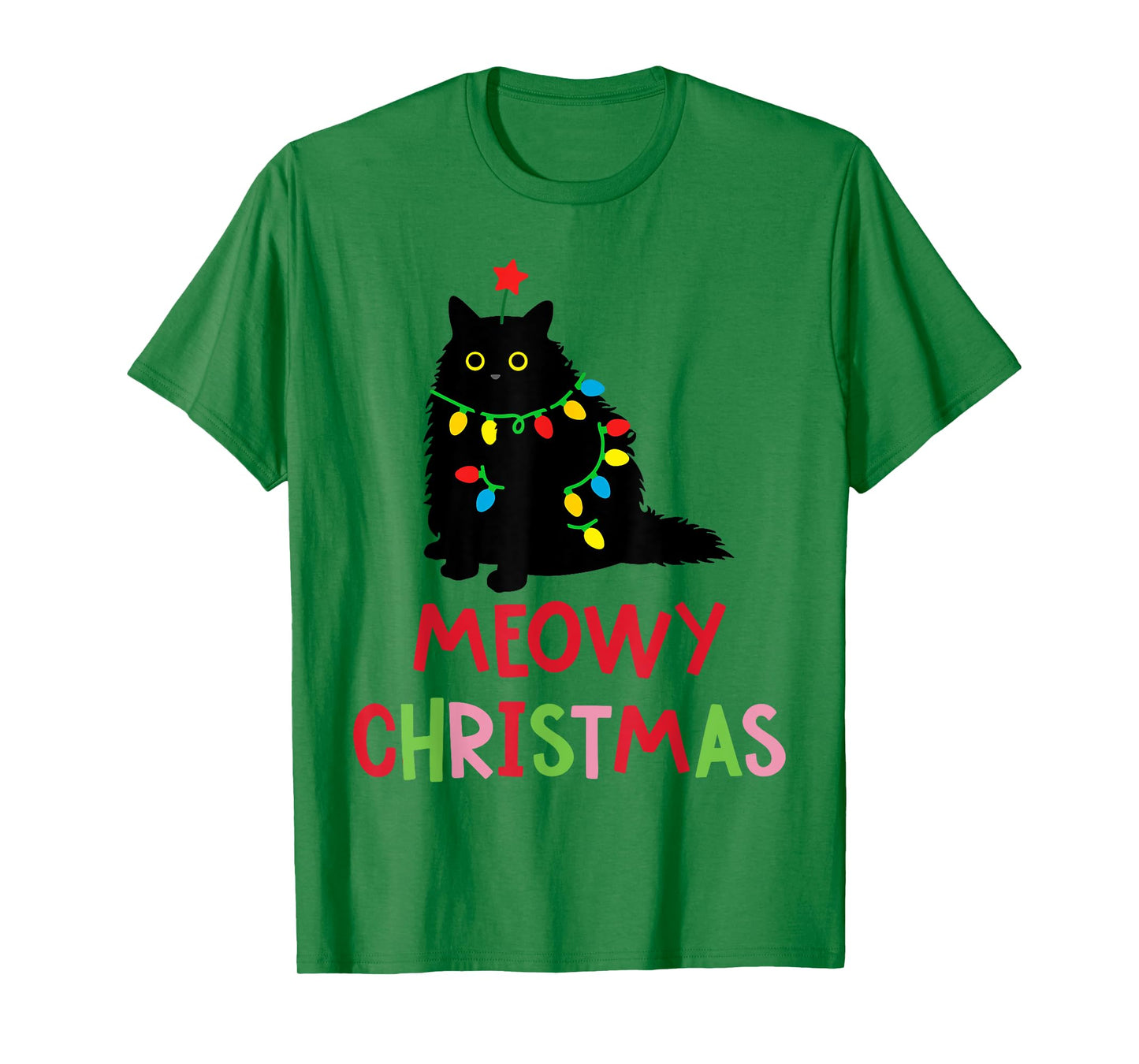 Meowy Christmas Funny Black Cat Christmas Lights Cat Lovers Men Women Kids T-Shirt