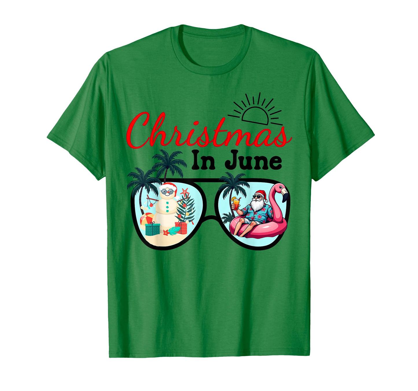Vacation Christmas In June Sunglasses Santa Flamingo Summer T-Shirt