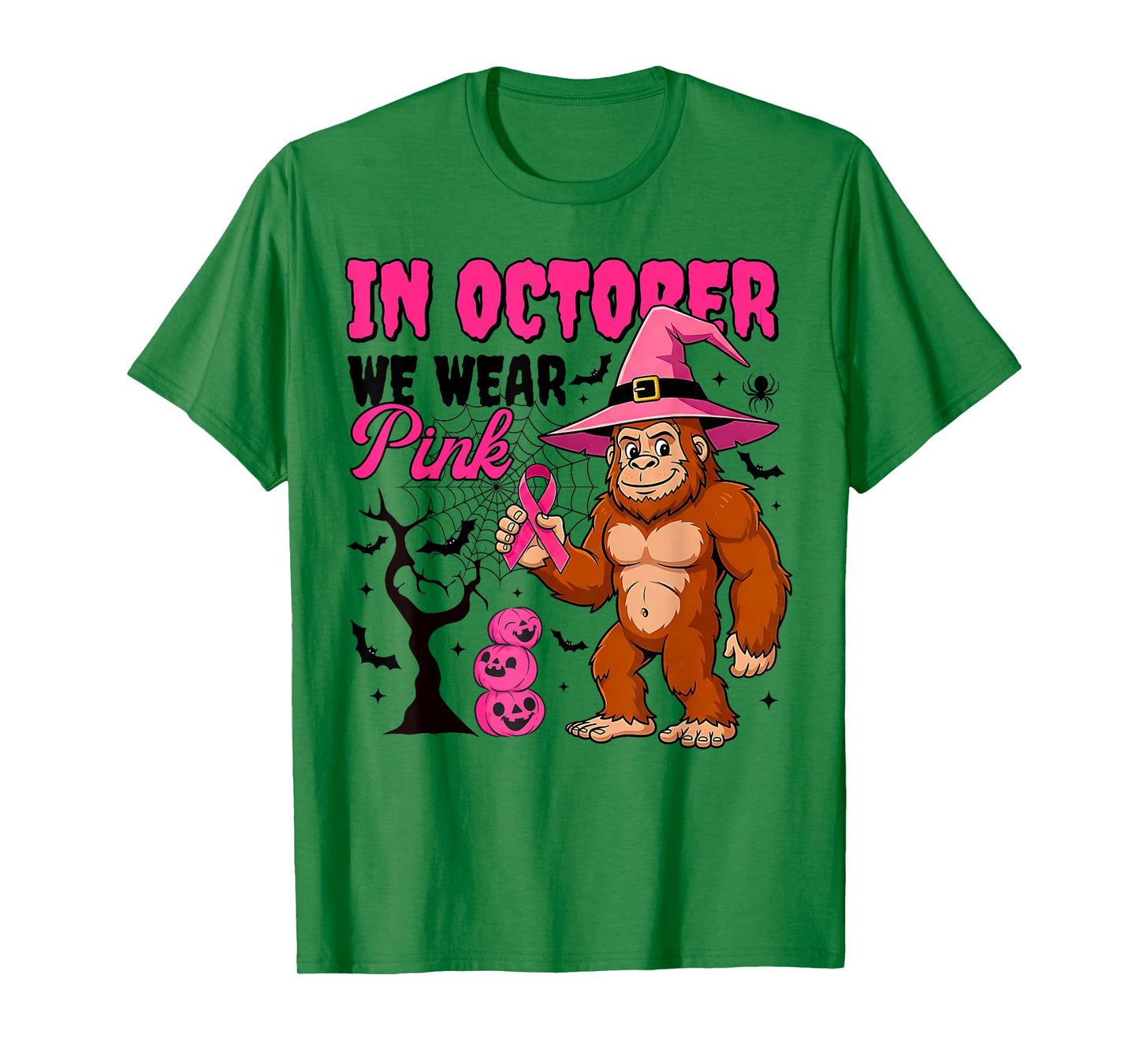 in October We Wear Pink Breast Cancer Awareness Bigfoot T-Shirt