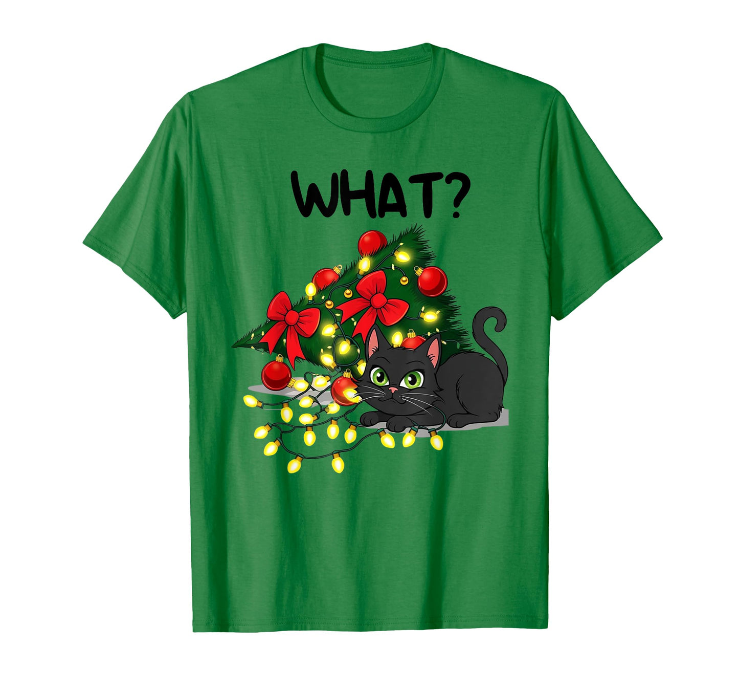Funny Black Cat Pushing Christmas Tree Over Cat What? Xmas T-Shirt