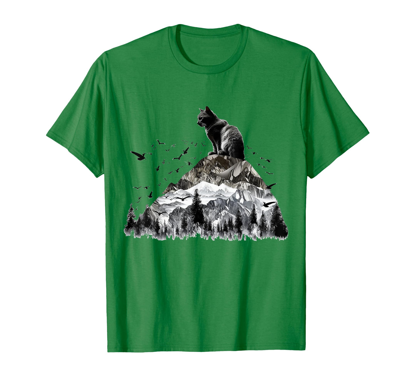 Cat Mountains Bird Artwork | Animal Motif Cat T-Shirt