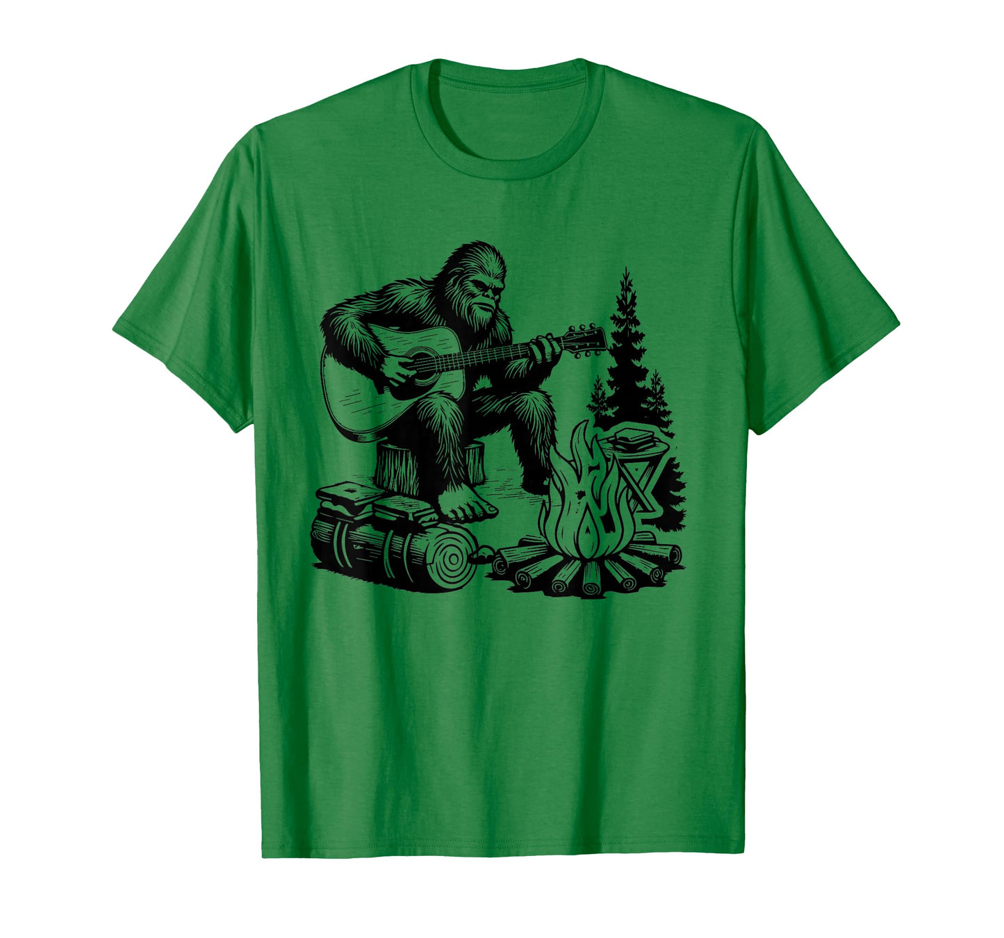 Bigfoot Camping Smore Rock Bigfoot Playing Guitar Campfire T-Shirt