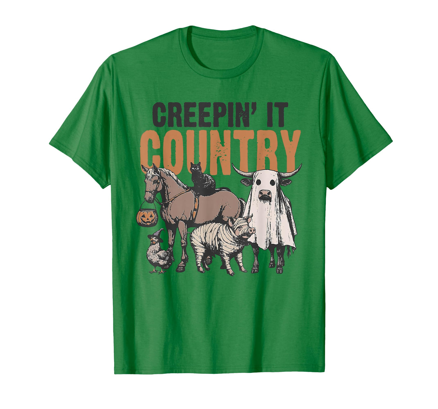 Creepin' It Country Halloween Farm Animal Cow Black Cat Pig T-Shirt