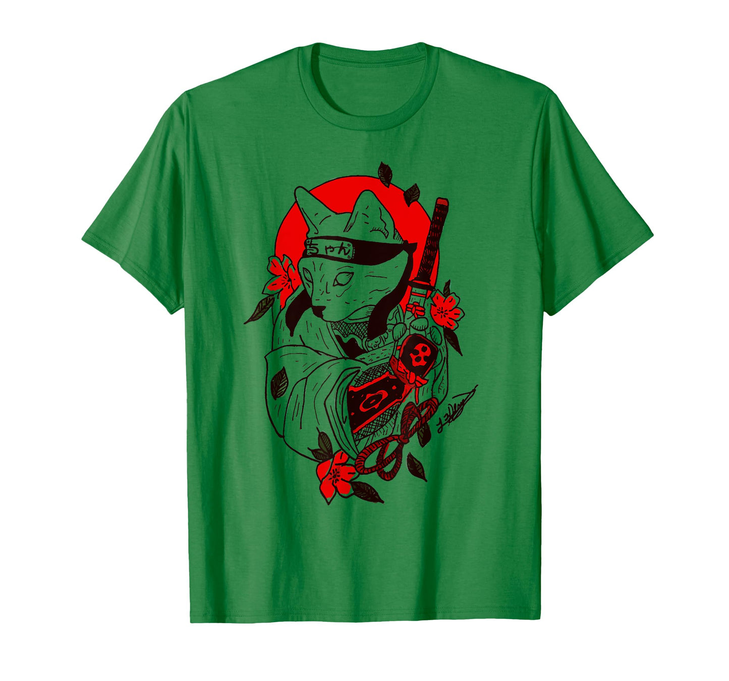 Japanese Samurai Cat Katana Ninja Kitty Tattoo Style T-Shirt