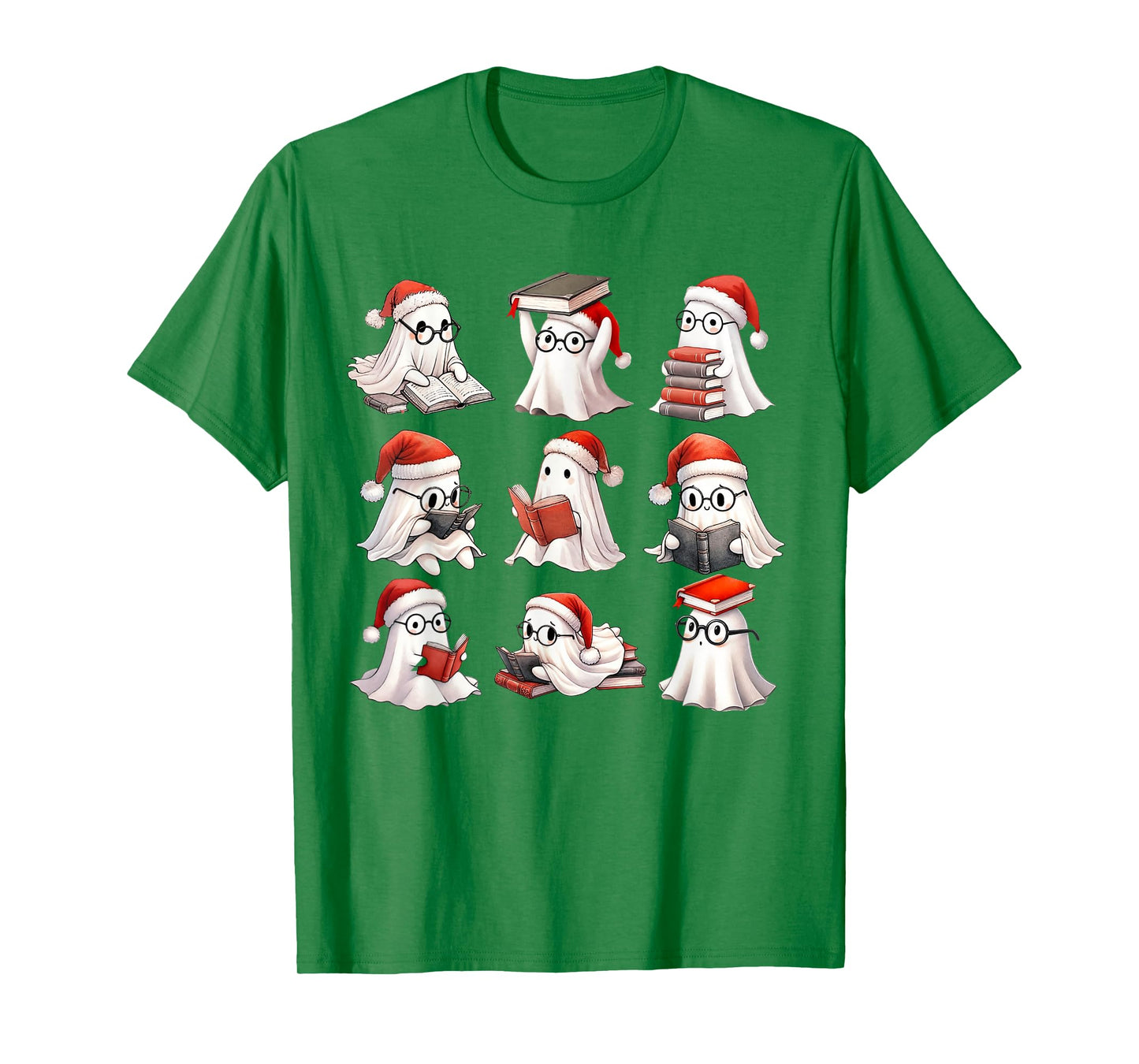 Christmas Ghost Reading Book Lovers Spooky Ghost Santa Hat T-Shirt