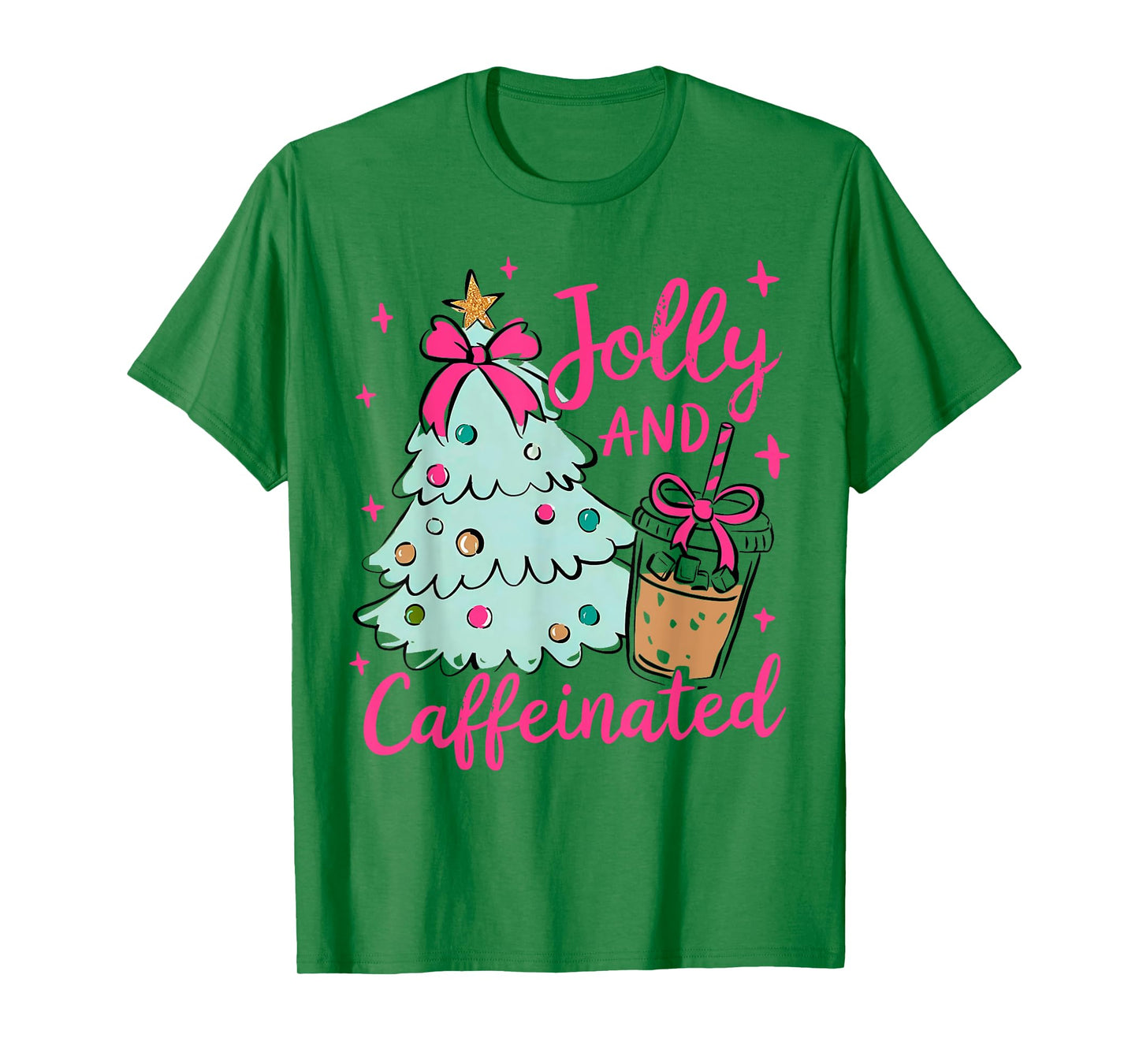 Jolly & Caffeinated Coffee Coquette Bow Xmas Tree Christmas T-Shirt