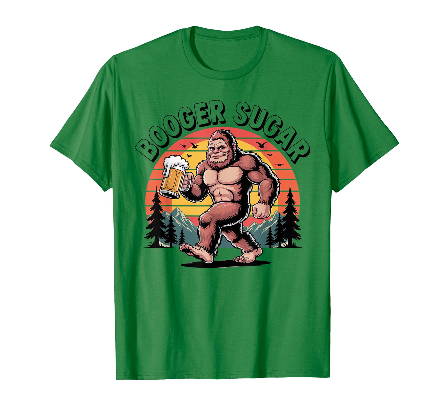 Booger Sugar Bigfoot Funny Muscular Sasquatch Beer Sunset T-Shirt
