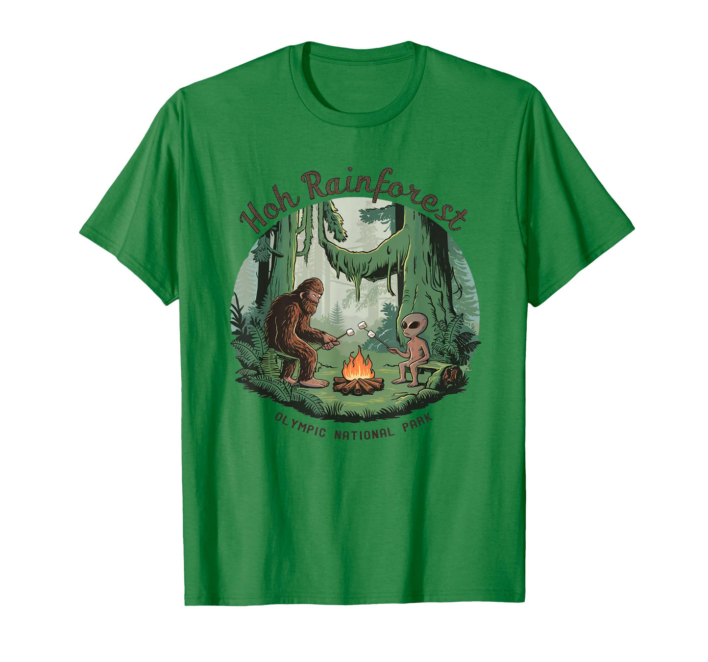 Funny Bigfoot & Alien Gifts And Shirts Bigfoot & Alien Camping Hoh Rainforest Olympic National Park Unisex-Adults Kids T-Shirt White Short Sleeve Classic Fit Cotton Blend Machine Wash Size Small