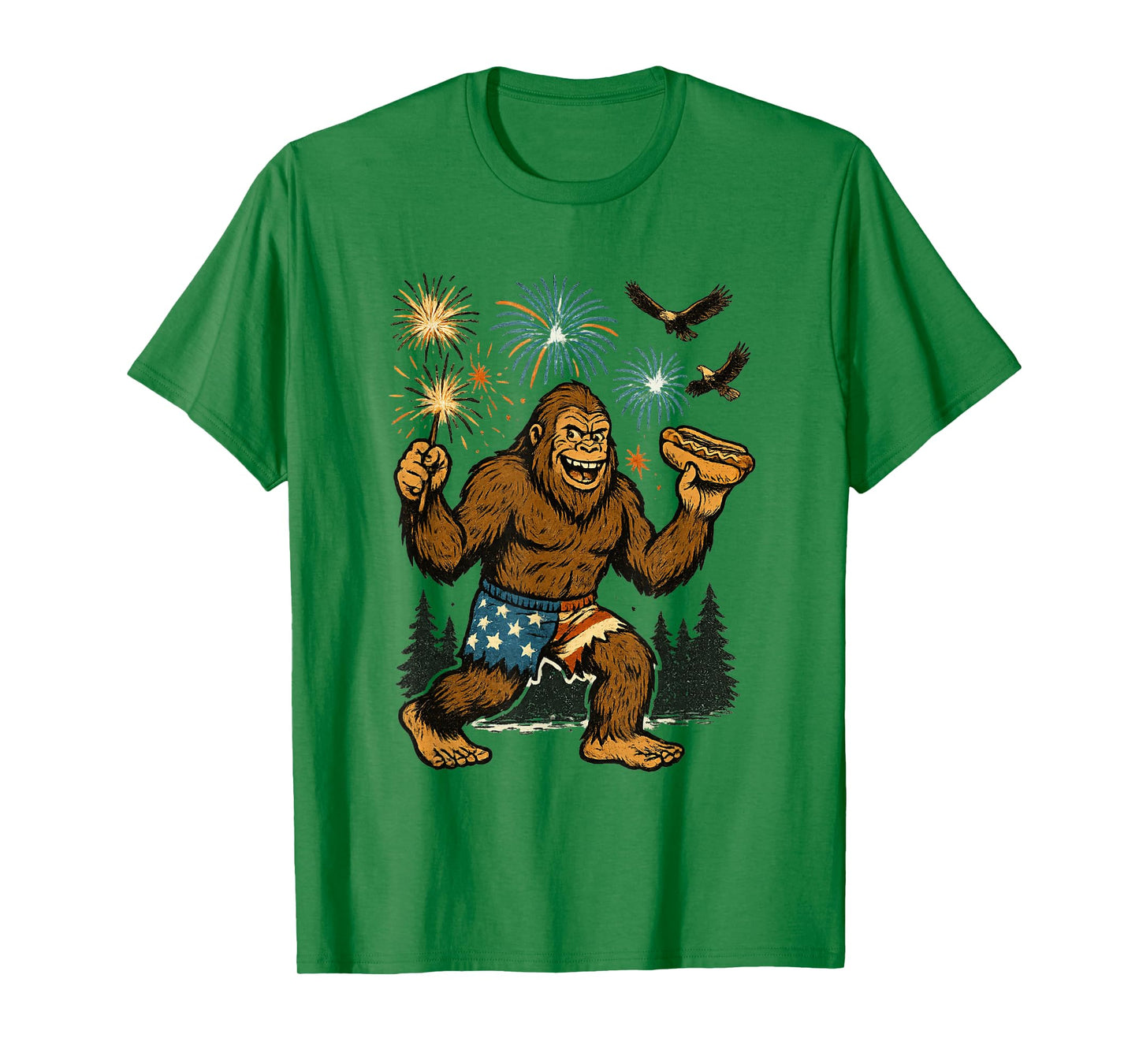 Bigfoot Fireworks 4th of July Men Sasquatch American US Flag T-Shirt