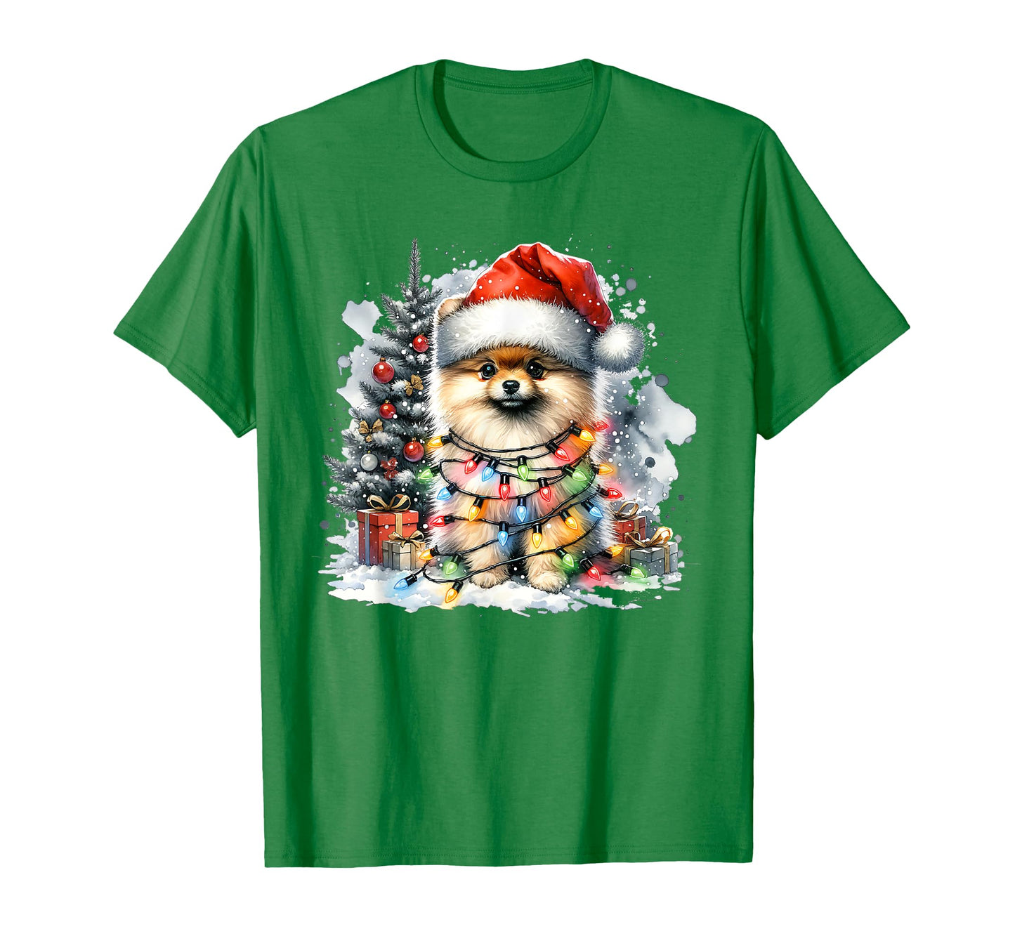 Funny Cute Santa Pomeranian Dog Tangled In Christmas Lights T-Shirt