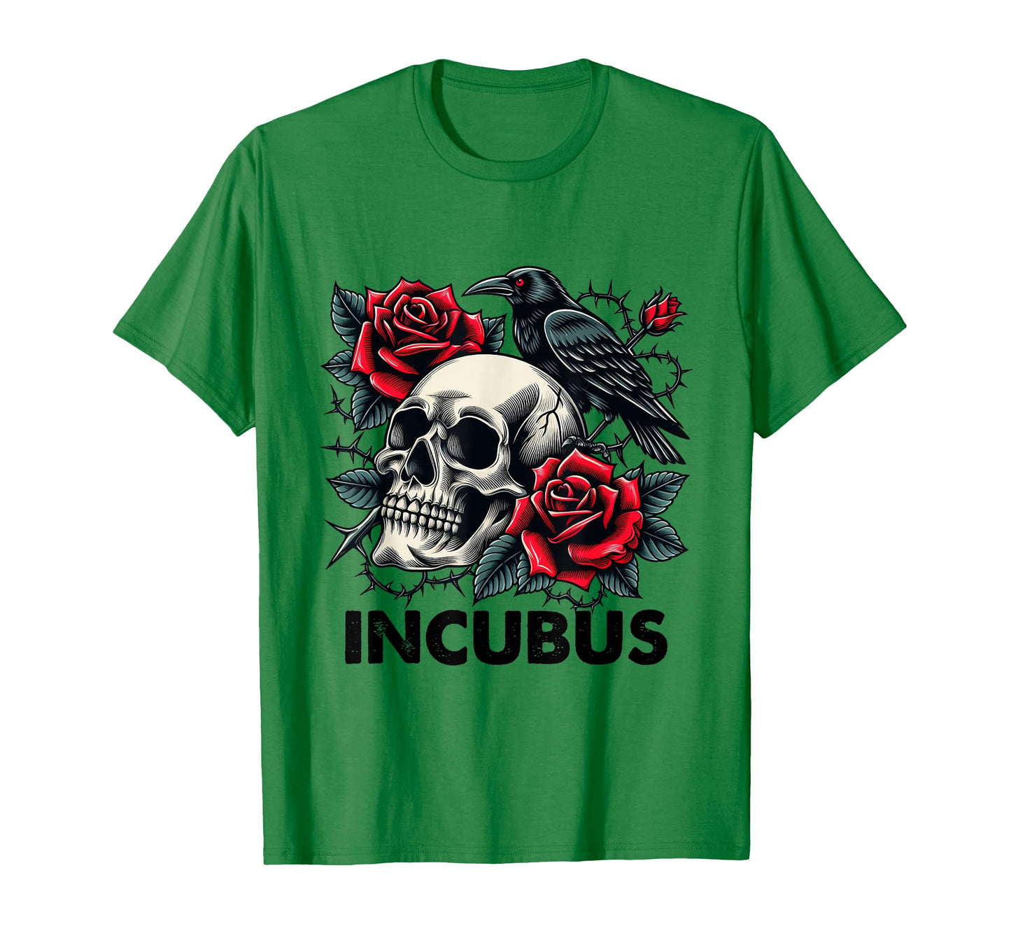 Retro Halloween Graphic Incubus-Crow Left Skull And Flower T-Shirt