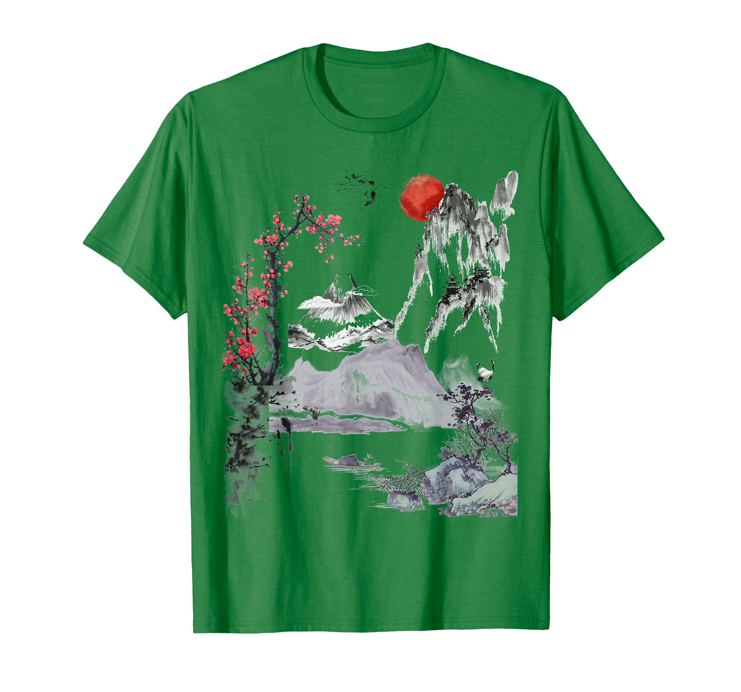 Japanese Art Tree Red Moon With Birds Flying in Background T-Shirt