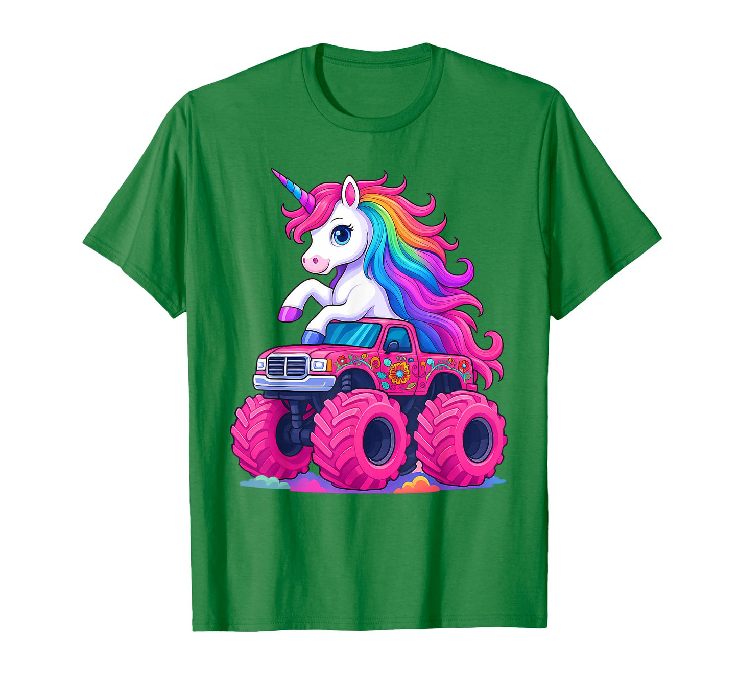 Cute Unicorn Riding A Pink Monster Truck Lover Birthday Kids T-Shirt