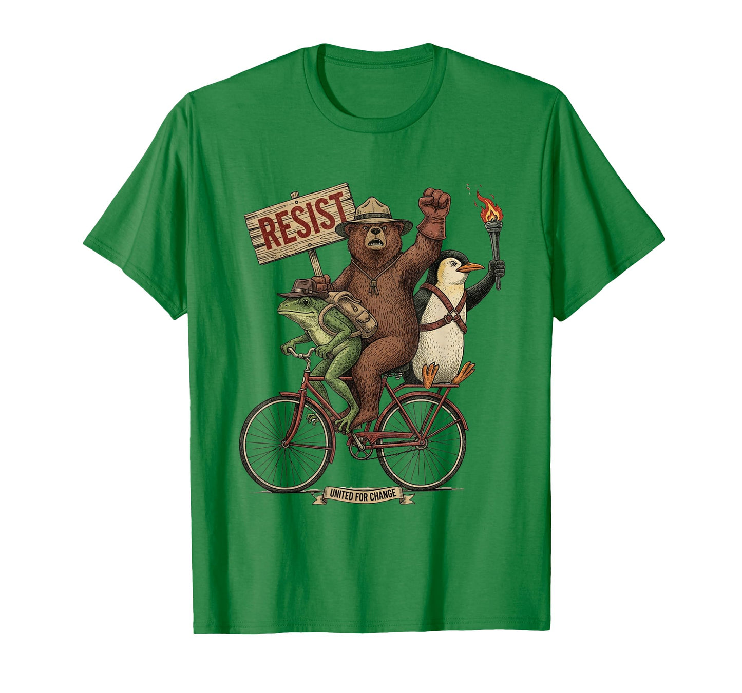 Penguin Frog Bear On Bike Resist Protest Vintage Men Women T-Shirt
