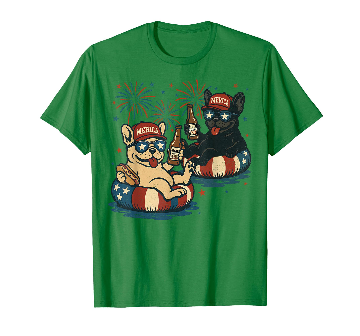 Retro Dogs With Beer, French Bulldog Adult 4th of July T-Shirt