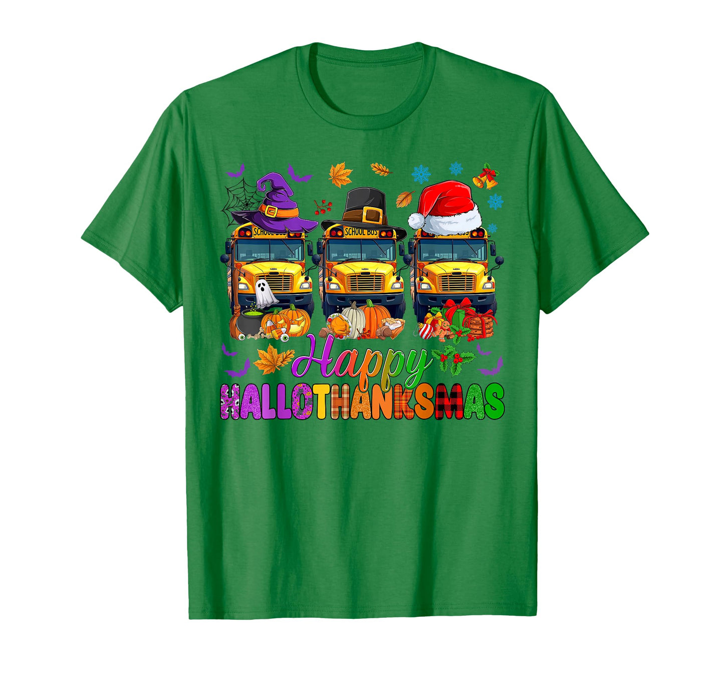 Happy Hallothanksmas School Bus Halloween Thanksgiving Xmas T-Shirt