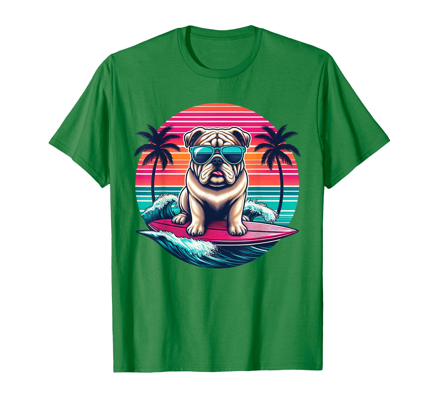 Surfing English Bulldog Retro Sunset Men Women Kids T-Shirt