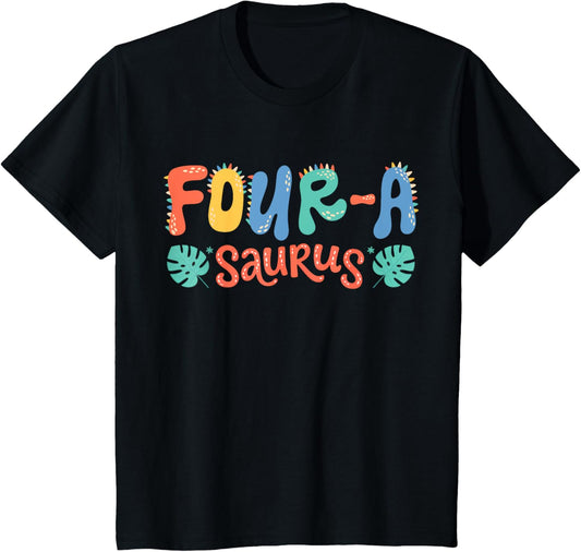 Kids Four A Saurus Birthday Trex Dino 4th Dinosaur 4 Year Old Boy T-Shirt