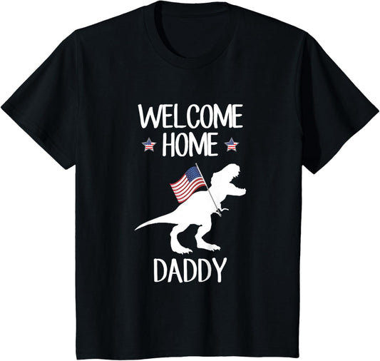 Kids Welcome Home Daddy Dinosaur T-Rex American Flag T-Shirt