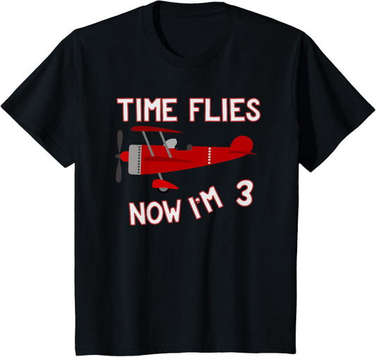 Kids 3rd Birthday Airplane T Shirt Time Flies Now I'm 3 T-Shirt