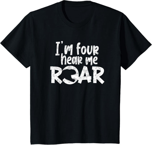 I'm Four Hear Me Roar Dinosaur Funny 4th Birthday Vintage T-Shirt