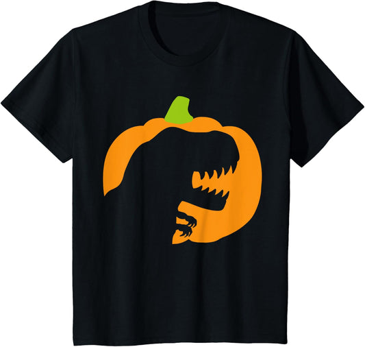 Kids Boys Halloween Pumpkin T-Rex Dinosaur Silhouette T-Shirt