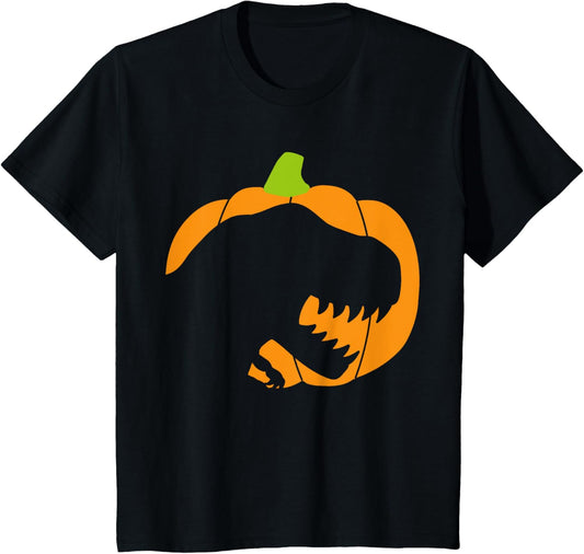 Kids Boys Halloween Pumpkin T-Rex Dinosaur Silhouette T-Shirt