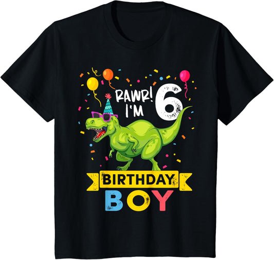 Kids 6 Year Old Boy T Rex Dinosaur 6th Birthday T-Shirt