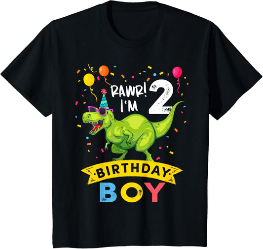 Kids 2 Year Old Shirt 2nd Birthday Boy T Rex Dinosaur T-Shirt