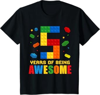 Kids 5 Year Old Birthday Boy Being Awesome Building Bricks 5th T-Shirt
