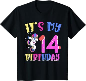 Kids It's My 14 Birthday Dabbing Unicorn Pony 14th Birthday T-Shirt