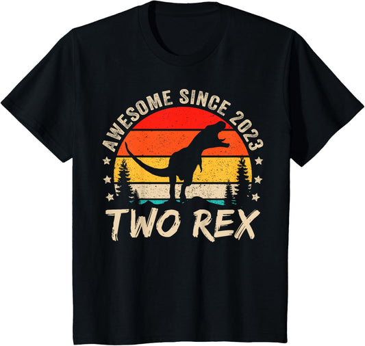Kids Two Rex 2nd Birthday Boy Second Dinosaur 2 Year Old T-Shirt