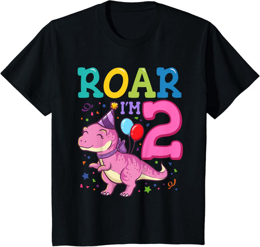 Roar Im 2 Year Old Dinosaur Girl 2nd Birthday Party T-Shirt