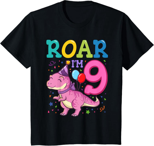 Kids Roar Im 9 Year Old Dinosaur Girl 9th Birthday Party T-Shirt