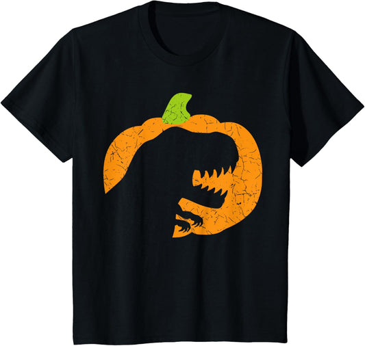 Kids Boys Halloween Pumpkin T-Rex Dinosaur Silhouette T-Shirt